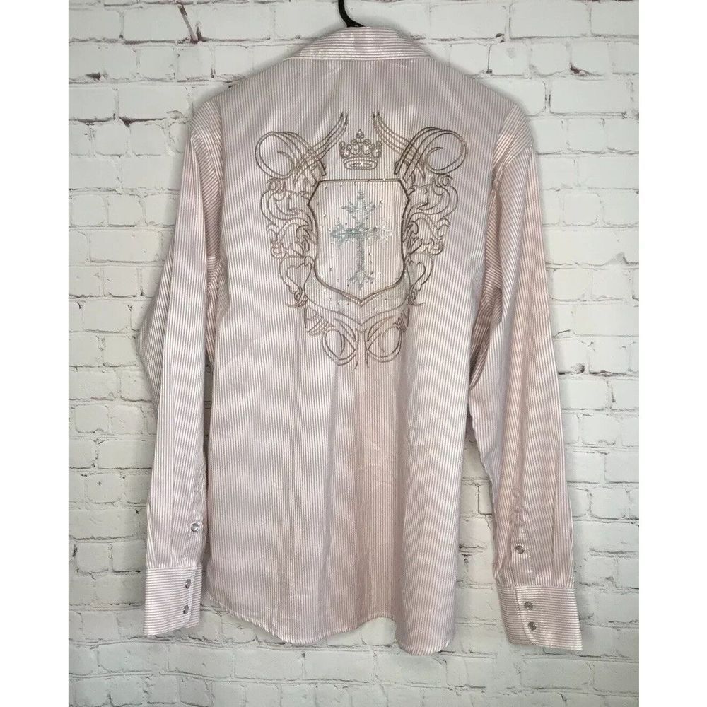 Platini Mens Large Shirt Button Down Long Slv Cotton western‎ cross embroidered